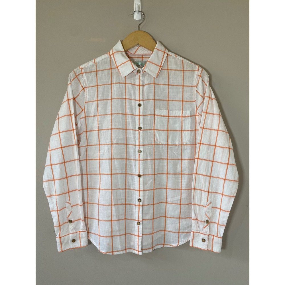 Aventura Womens Organic Cotton Orange White Windowpane Plaid Button Down Shirt M